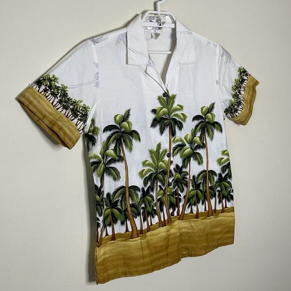 Vtg KY'S Hawaiian Cotton Button Up Camp Shirt  Beach Palm Tree Graphic 70s 80s S - Picture 3 of 7